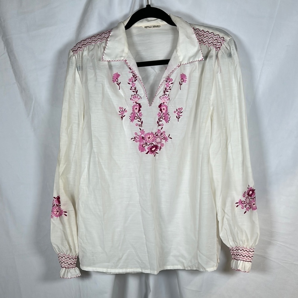 White and Pink Smocked Long Sleeve Blouse with Embellished V-Neck